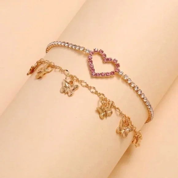 3/$30 💛 Rhinestone Heart Butterfly Charm Anklet - Picture 2 of 4